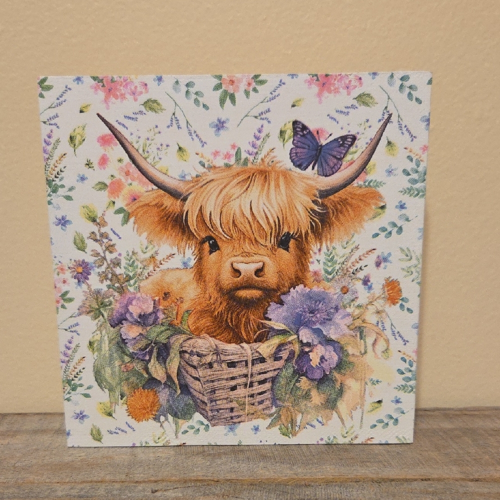 Handcrafted Adorable Floral Highland Cow Home Wall Decor Spring Easter Farmhouse